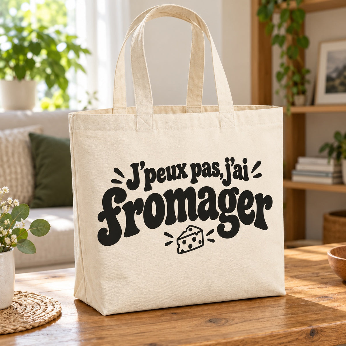 Tote bag « J'peux pas, j'ai fromager » Premium posé sur une table en bois dans un salon lumineux