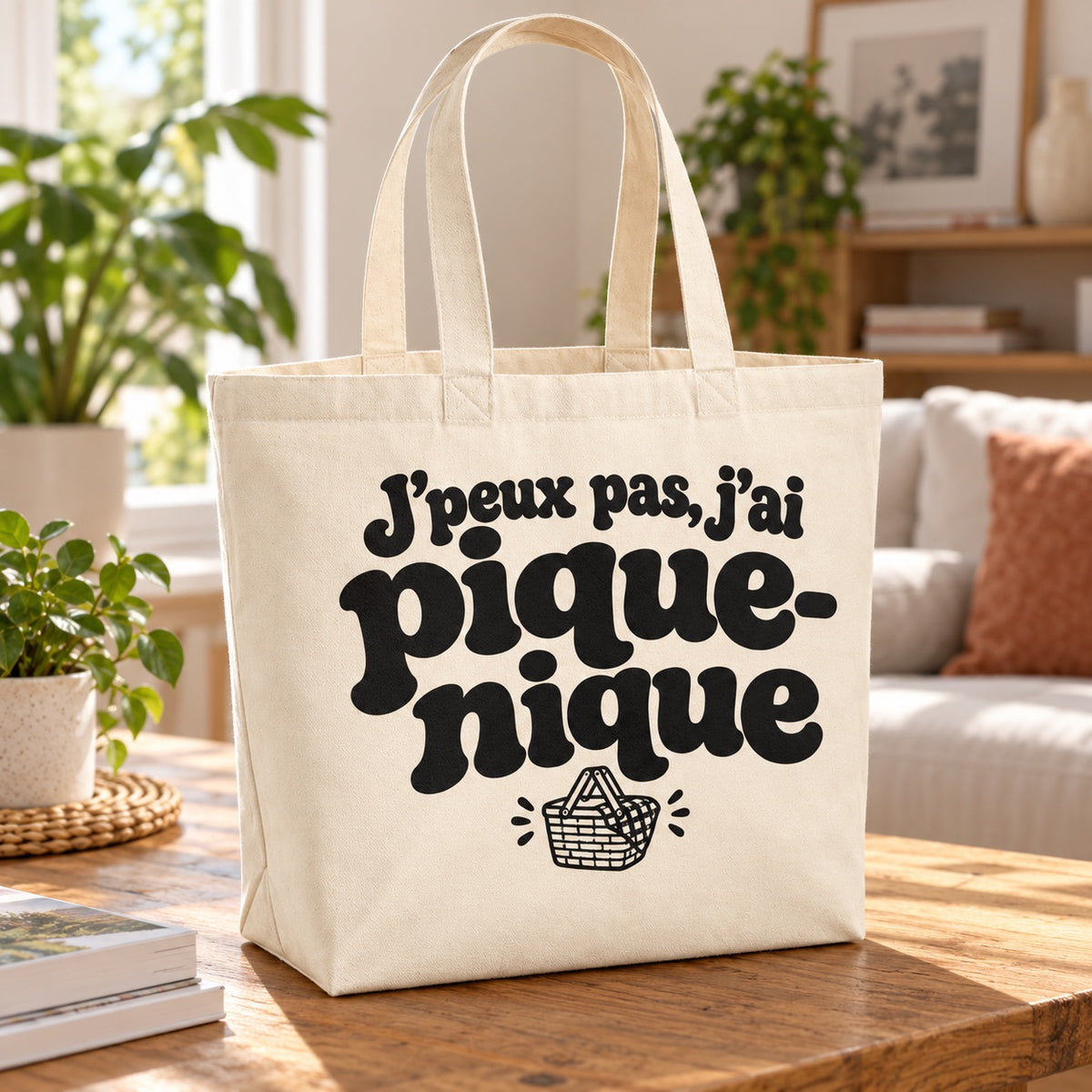 Tote bag « J'peux pas, j'ai pique-nique » Premium posé sur une table en bois dans un salon lumineux