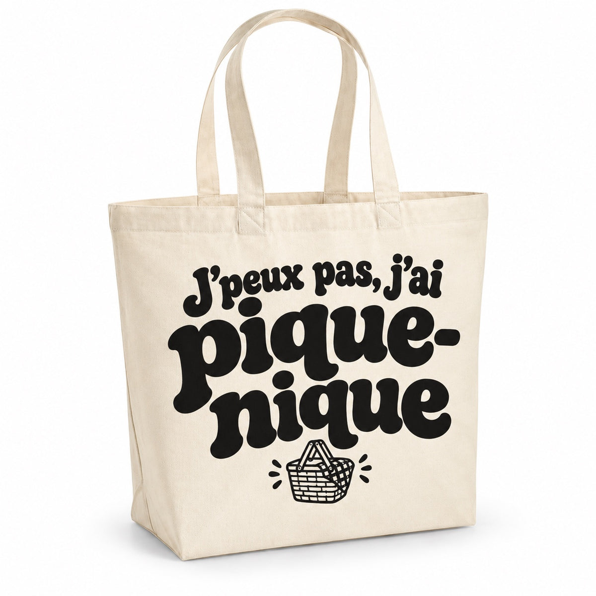 Tote bag « J'peux pas, j'ai pique-nique » Premium, cabas à soufflet en coton naturel 200 g/m² de 18 litres, grand lettrage rétro noir et petit dessin au trait : un panier de pique-nique