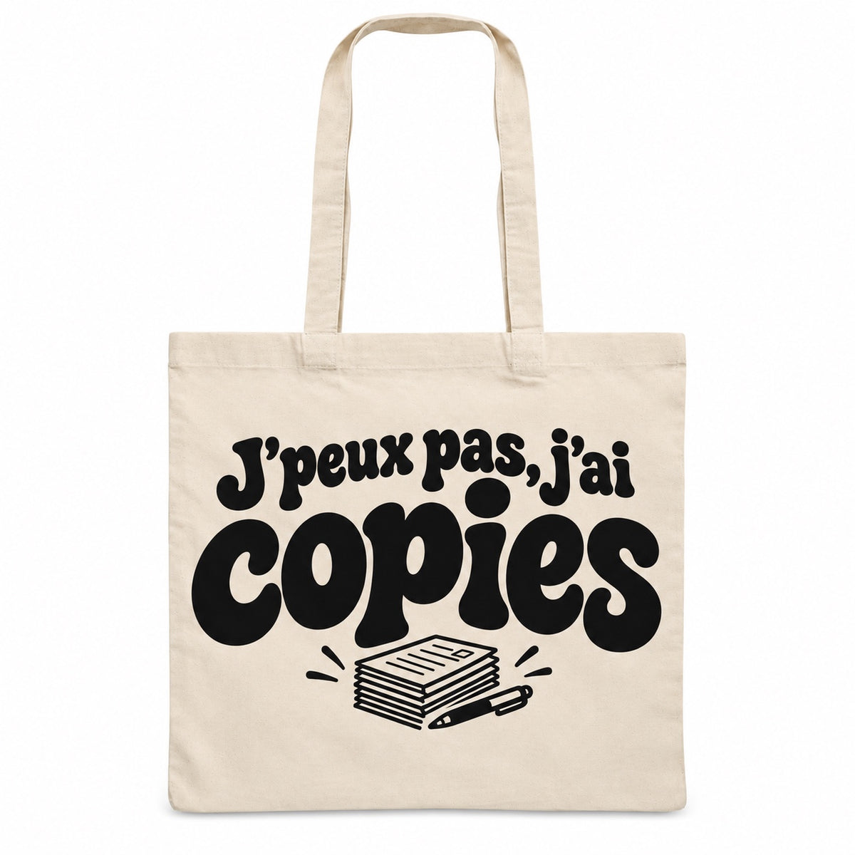 Tote bag « J'peux pas, j'ai copies » Essentiel, sac plat en coton naturel 140 g/m² de 38 × 42 cm, grand lettrage rétro noir et petit dessin au trait : une pile de copies et un stylo