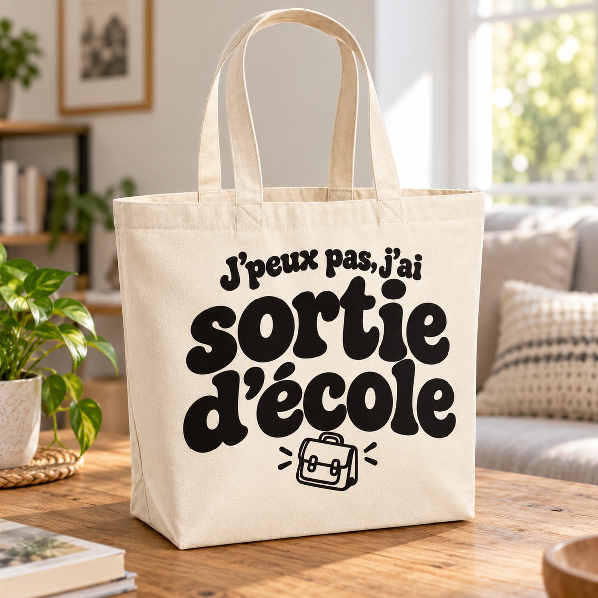Tote bag « J'peux pas, j'ai sortie d'école » Premium posé sur une table en bois dans un salon lumineux
