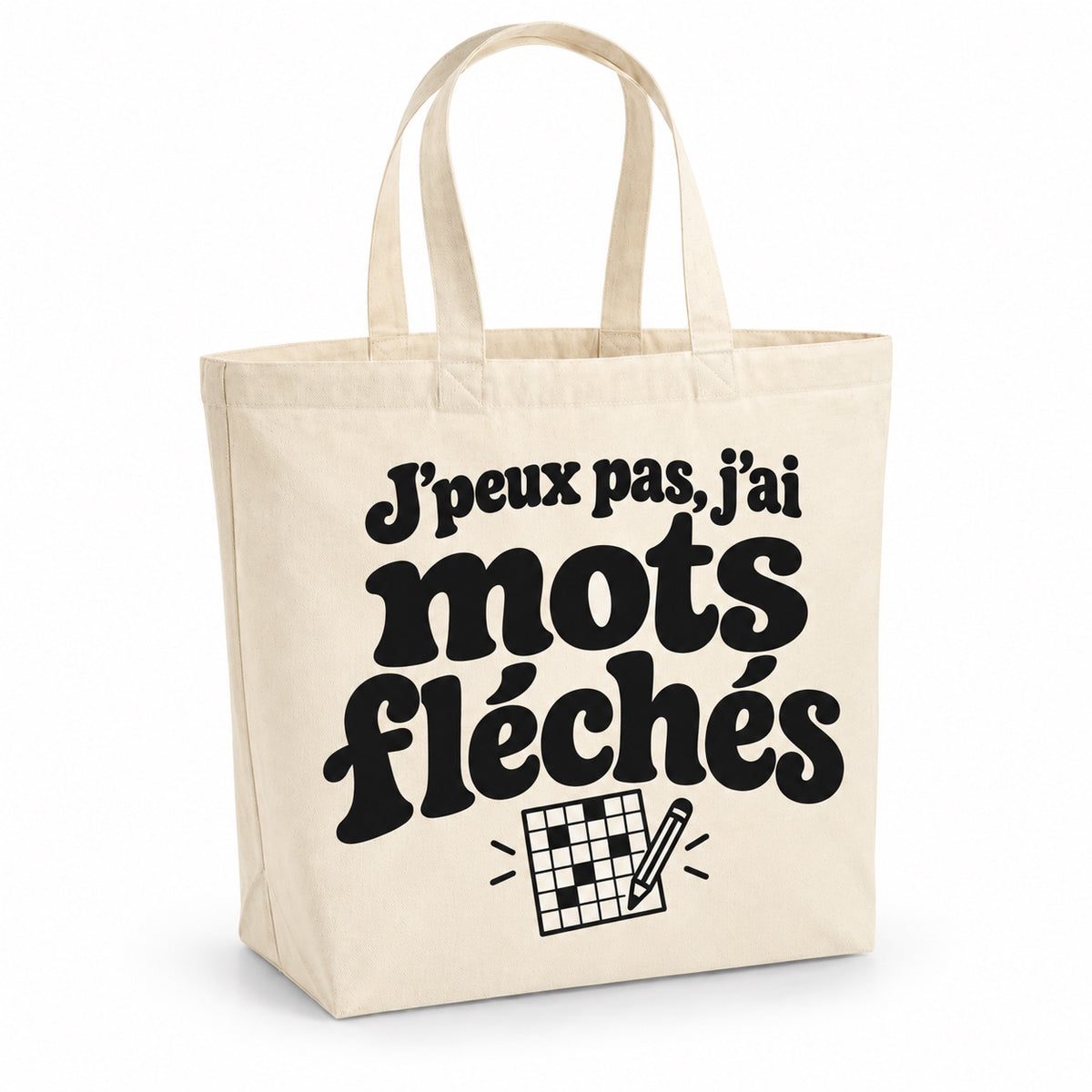 Tote bag « J'peux pas, j'ai mots fléchés » Premium, cabas à soufflet en coton naturel 200 g/m² de 18 litres, grand lettrage rétro noir et petit dessin au trait : une grille de mots fléchés