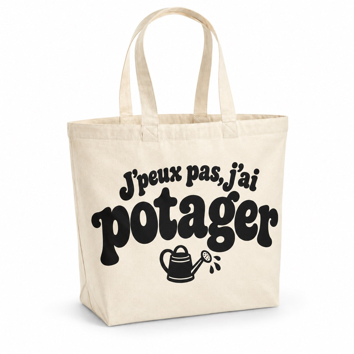 Tote bag « J'peux pas, j'ai potager » Premium, cabas à soufflet en coton naturel 200 g/m² de 18 litres, grand lettrage rétro noir et petit dessin au trait : un arrosoir