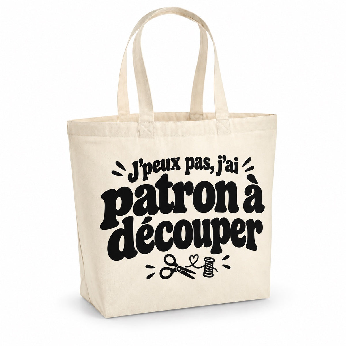 Tote bag « J'peux pas, j'ai patron à découper » Premium, cabas à soufflet en coton naturel 200 g/m² de 18 litres, grand lettrage rétro noir et petit dessin au trait : des ciseaux et une bobine de fil