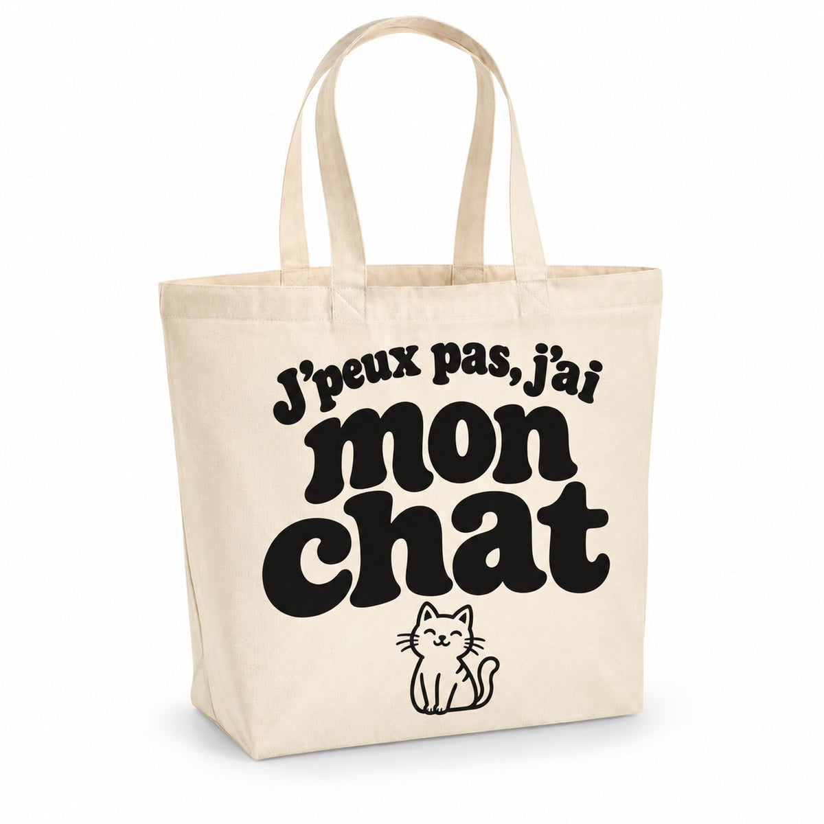 Tote bag « J'peux pas, j'ai mon chat » Premium, cabas à soufflet en coton naturel 200 g/m² de 18 litres, grand lettrage rétro noir et petit dessin au trait : un chat assis