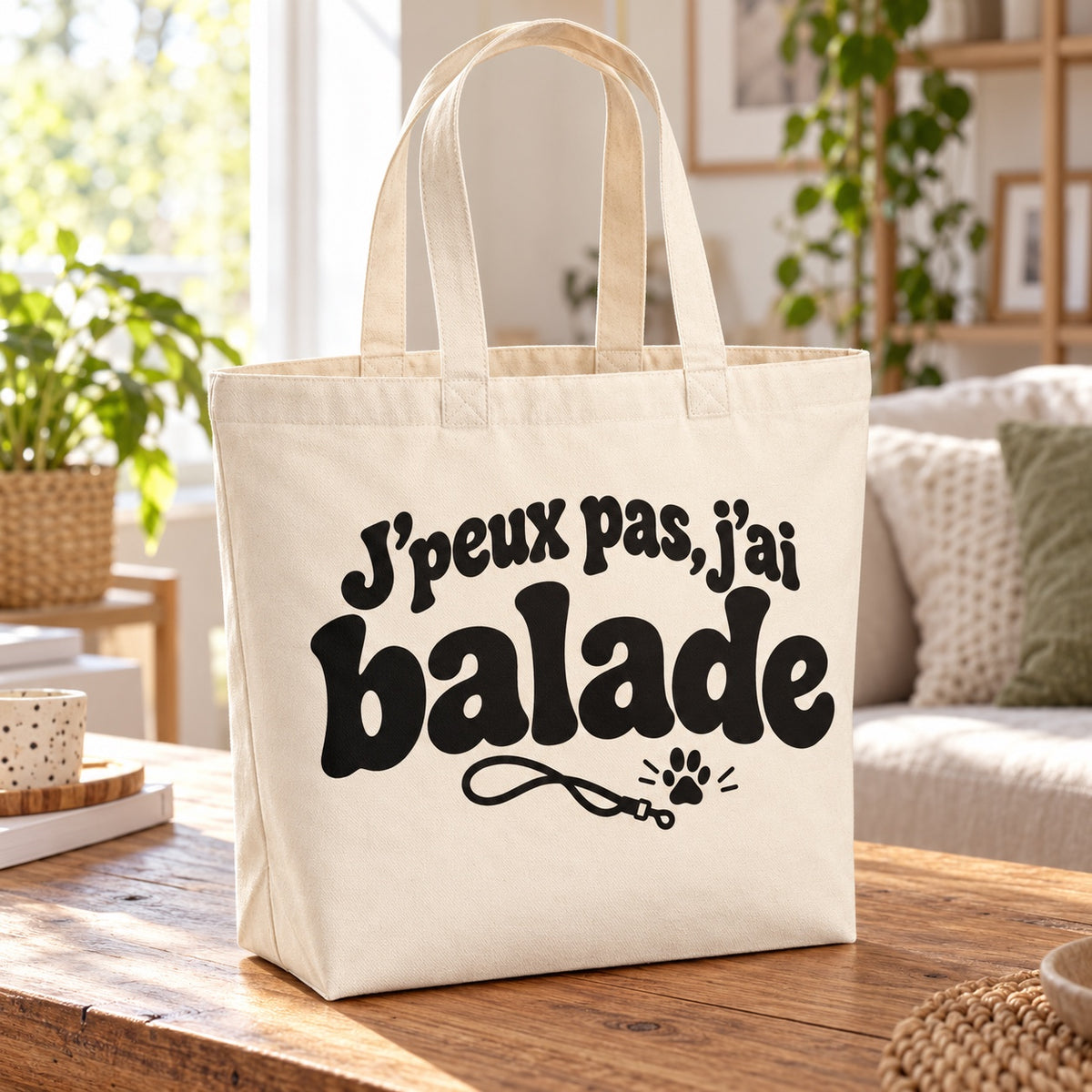 Tote bag « J'peux pas, j'ai balade » Premium posé sur une table en bois dans un salon lumineux