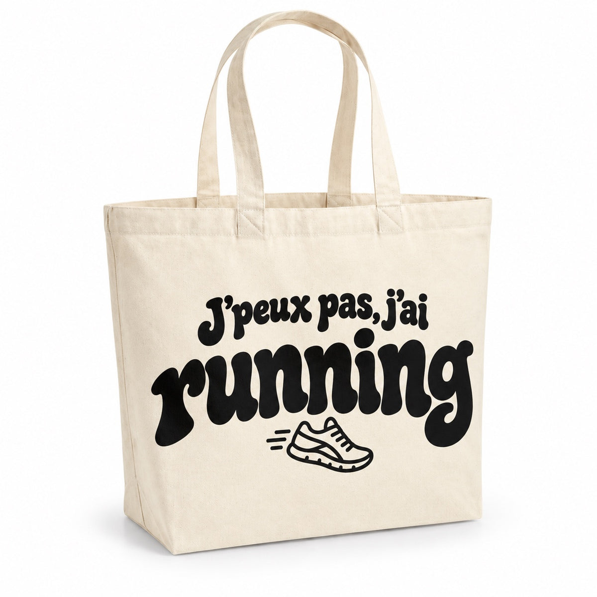 Tote bag « J'peux pas, j'ai running » Premium, cabas à soufflet en coton naturel 200 g/m² de 18 litres, grand lettrage rétro noir et petit dessin au trait : une chaussure de course