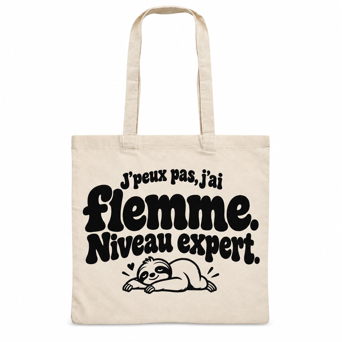 Tote bag « J'peux pas, j'ai flemme. Niveau expert. » Essentiel, sac plat en coton naturel 140 g/m² de 38 × 42 cm, grand lettrage rétro noir et petit dessin au trait : un paresseux qui se repose