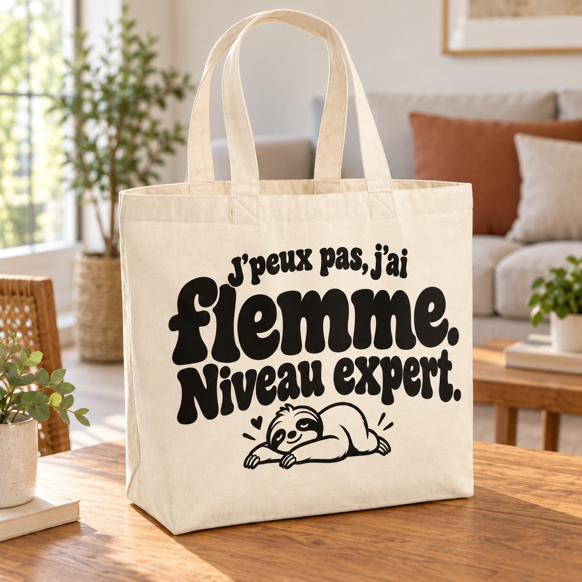 Tote bag « J'peux pas, j'ai flemme. Niveau expert. » Premium posé sur une table en bois dans un salon lumineux
