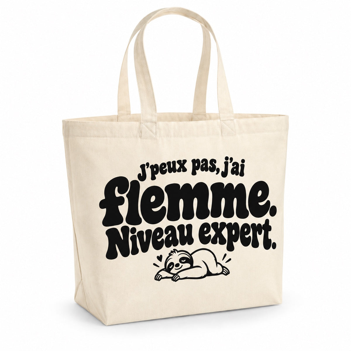 Tote bag « J'peux pas, j'ai flemme. Niveau expert. » Premium, cabas à soufflet en coton naturel 200 g/m² de 18 litres, grand lettrage rétro noir et petit dessin au trait : un paresseux qui se repose