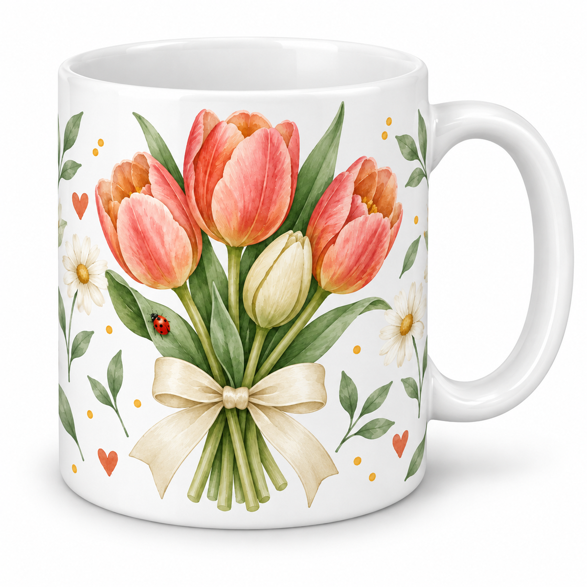 Mug Tulipes au nœud écru et coccinelle