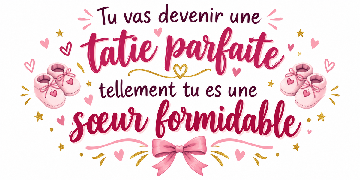 Visuel illustré chaussons de bébé roses, nœud et texte Tu vas devenir une tatie parfaite tellement tu es une sœur formidable