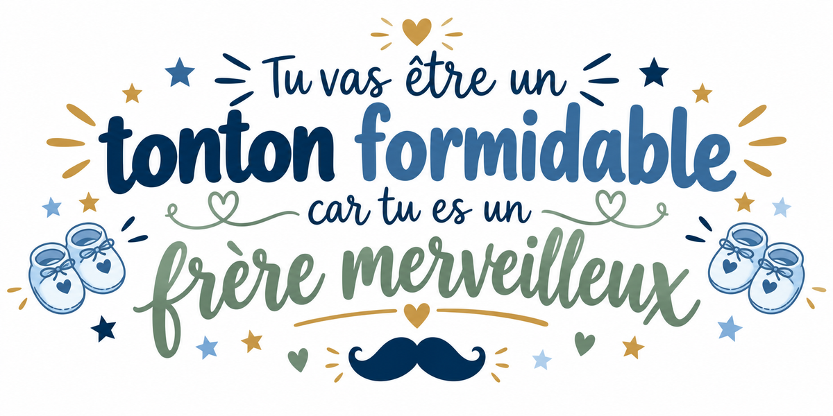 Visuel illustré chaussons de bébé bleus, moustache et texte Tu vas être un tonton formidable car tu es un frère merveilleux