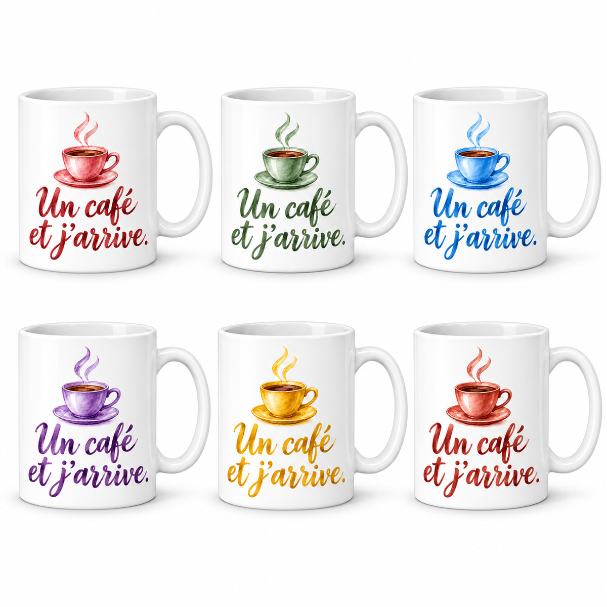 Lot de 6 mugs Un Café et J'arrive, six couleurs