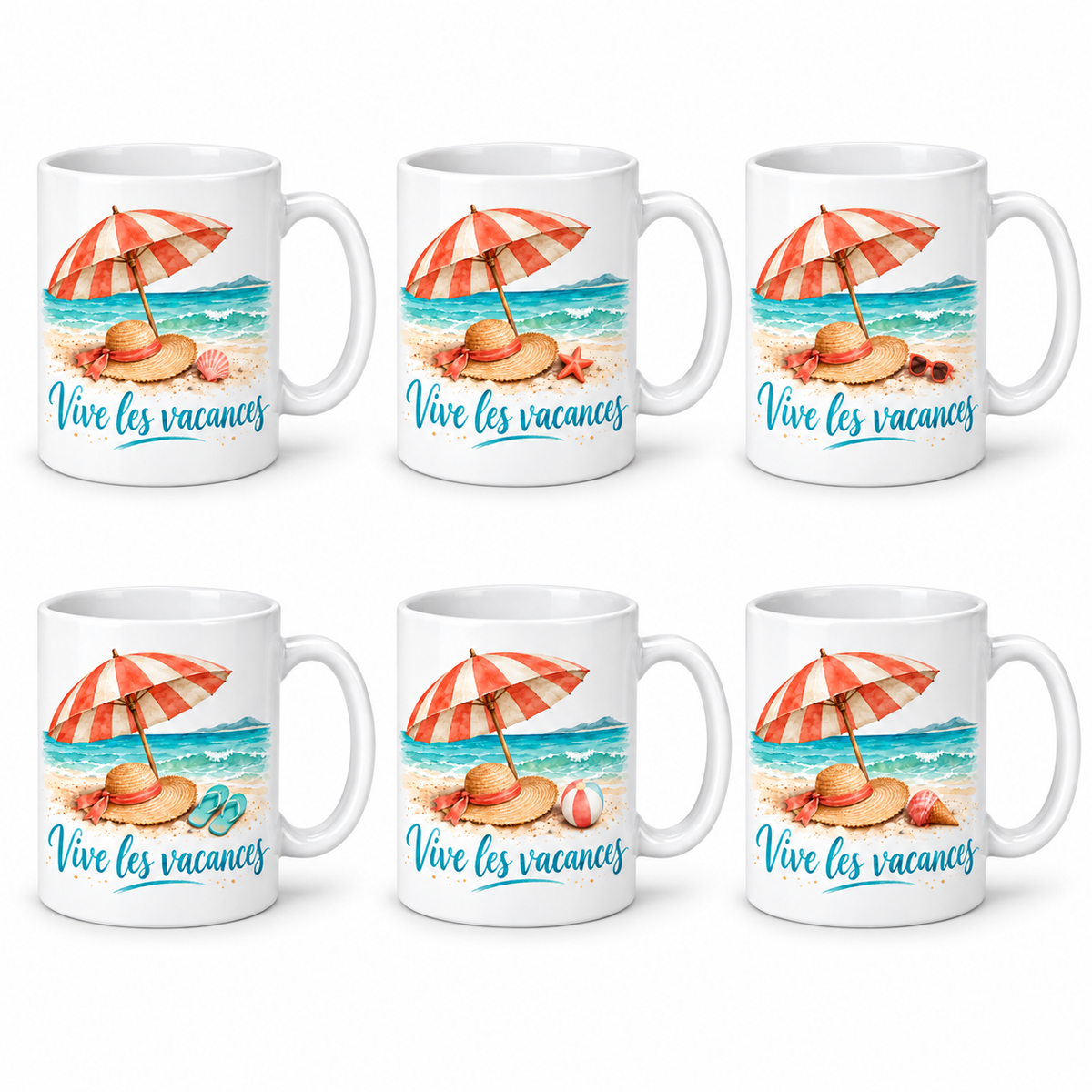 Lot de 6 mugs Vive les Vacances, parasol et plage