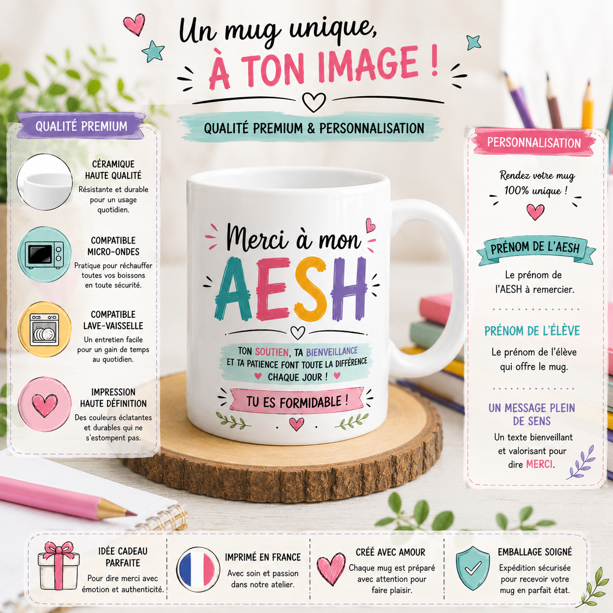 Autre vue du mug AESH personnalisé, prénom et élève