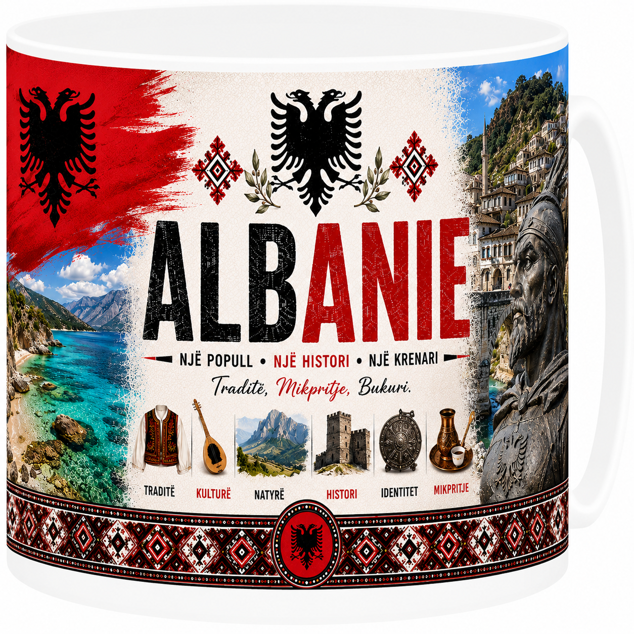 Mug souvenir Albanie en céramique blanche illustrant la Riviera et la cité de Berat
