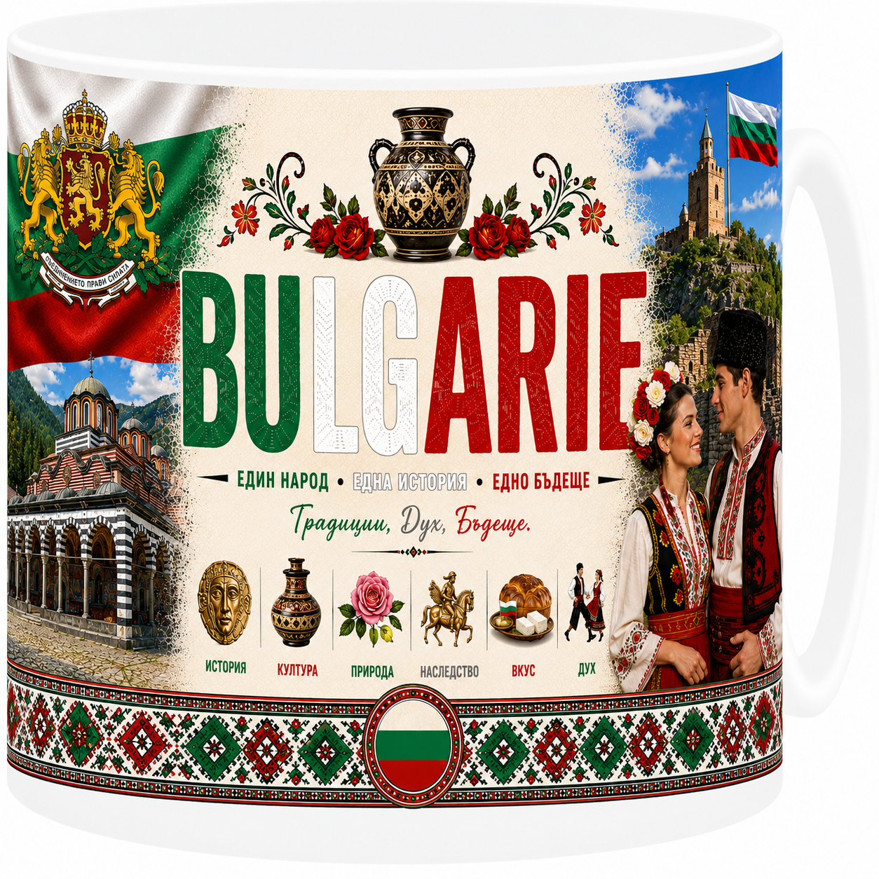 Mug souvenir Bulgarie en céramique blanche illustrant le monastère de Rila et Sofia
