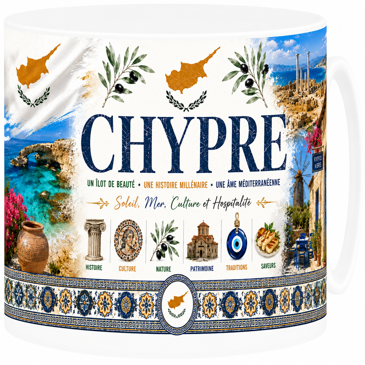Mug souvenir Chypre en céramique blanche illustrant les plages d'Aphrodite en Méditerranée