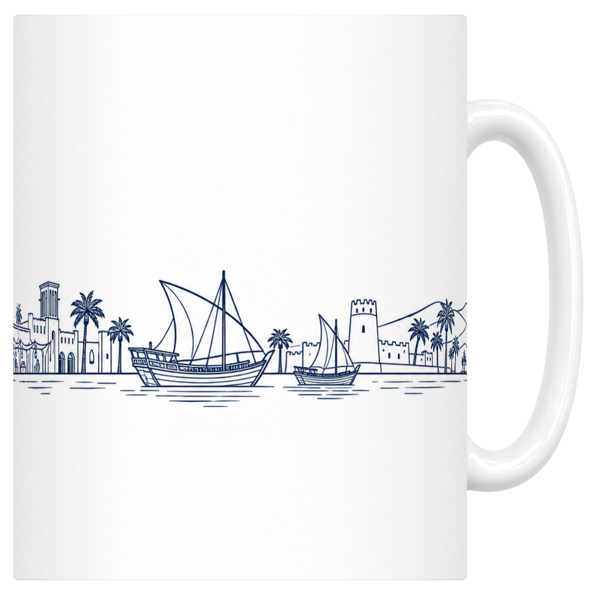 Mug blanc en céramique 330 ml illustré de la silhouette de Doha au trait noir : le souk et ses tours à vent, un boutre à voile et les palmiers