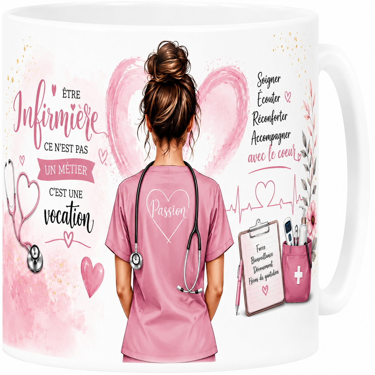 Mug infirmière 330 ml, infirmière de dos en tenue rose, stéthoscope et cœur brodé Passion