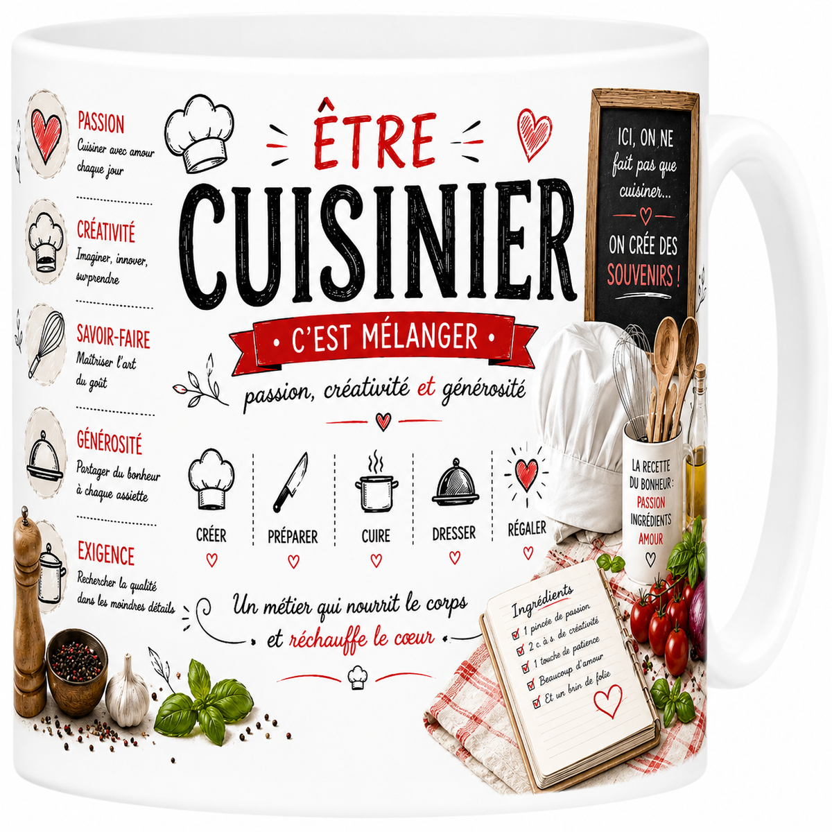 Mug céramique blanc, cuisinier, illustration rustique rouge et citation vocation