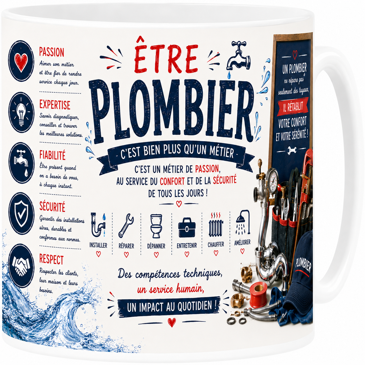 Mug céramique blanc, plombier, illustration tuyaux bleu marine et citation vocation