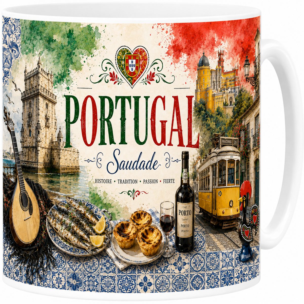 Mug céramique blanc, illustration aquarelle du Portugal, azulejos et symboles