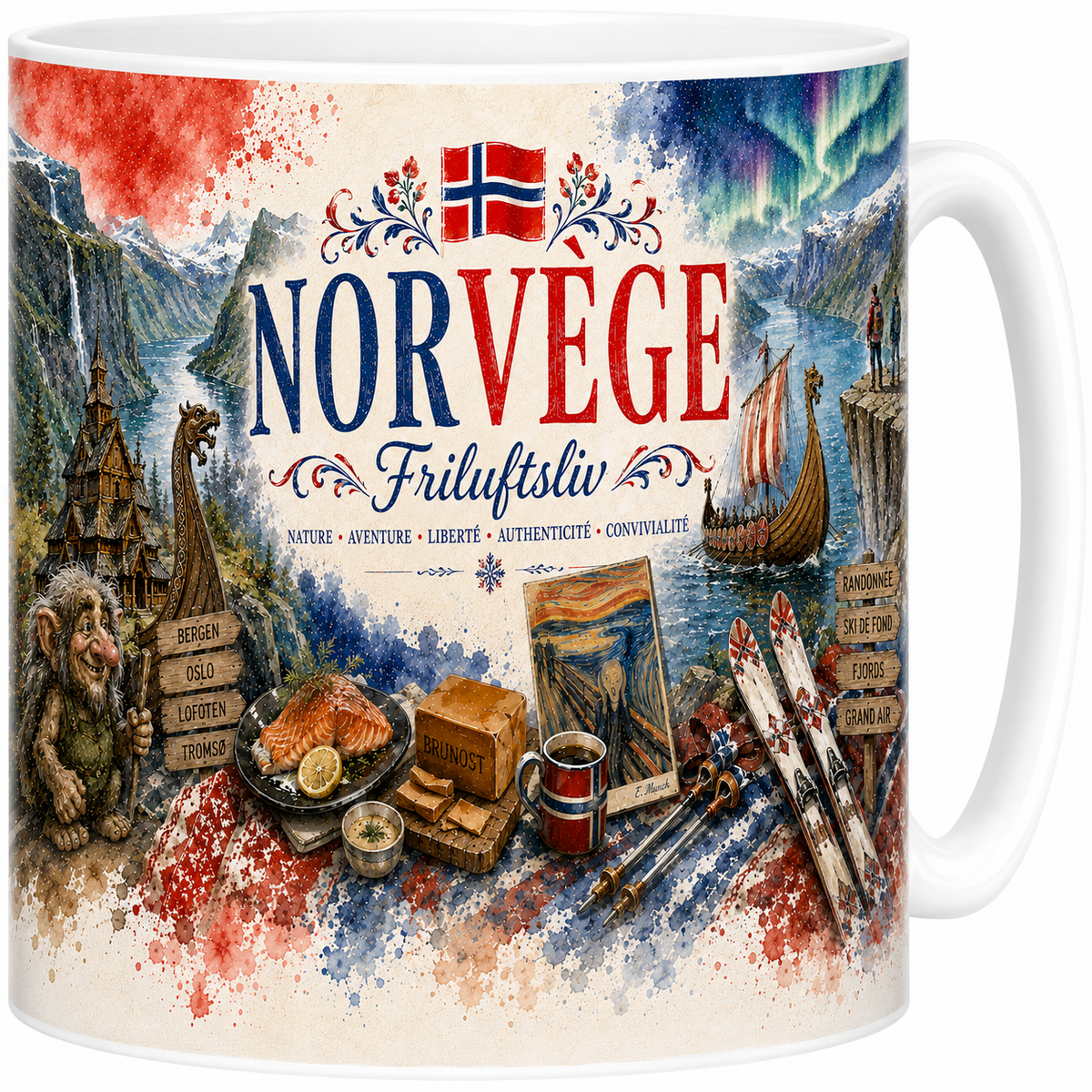 Mug céramique blanc, illustration aquarelle de la Norvège, fjords nordiques