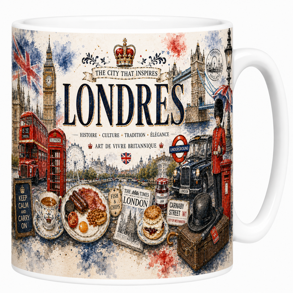Mug céramique blanc, illustration aquarelle de Londres, Big Ben et bus rouge