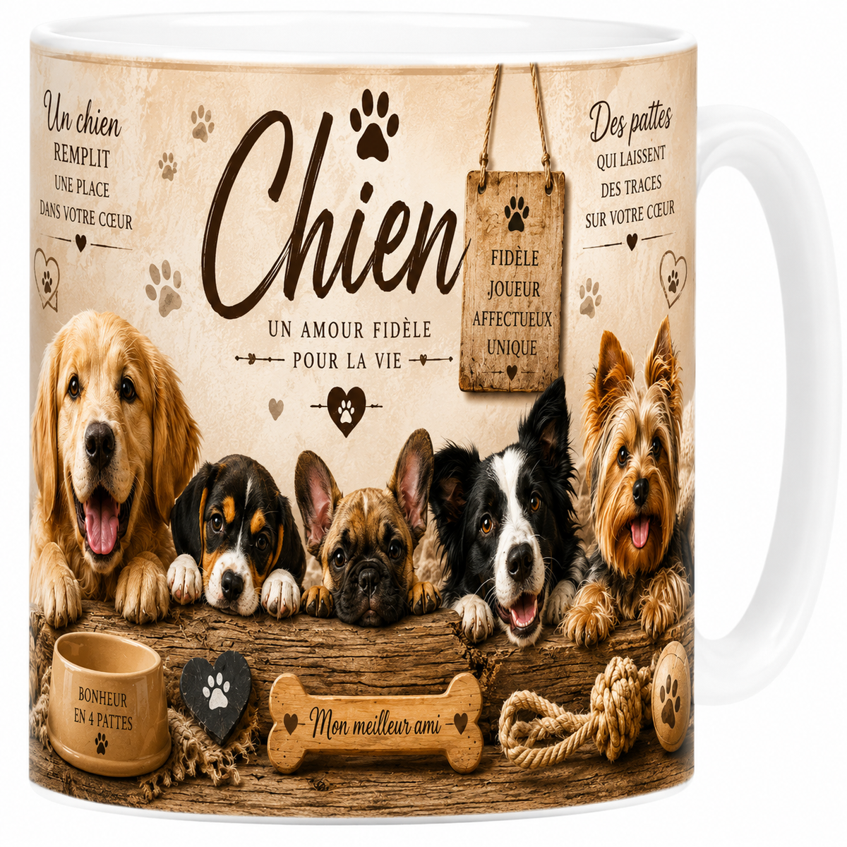 Mug céramique blanc, illustration aquarelle d'un chien, compagnon fidèle