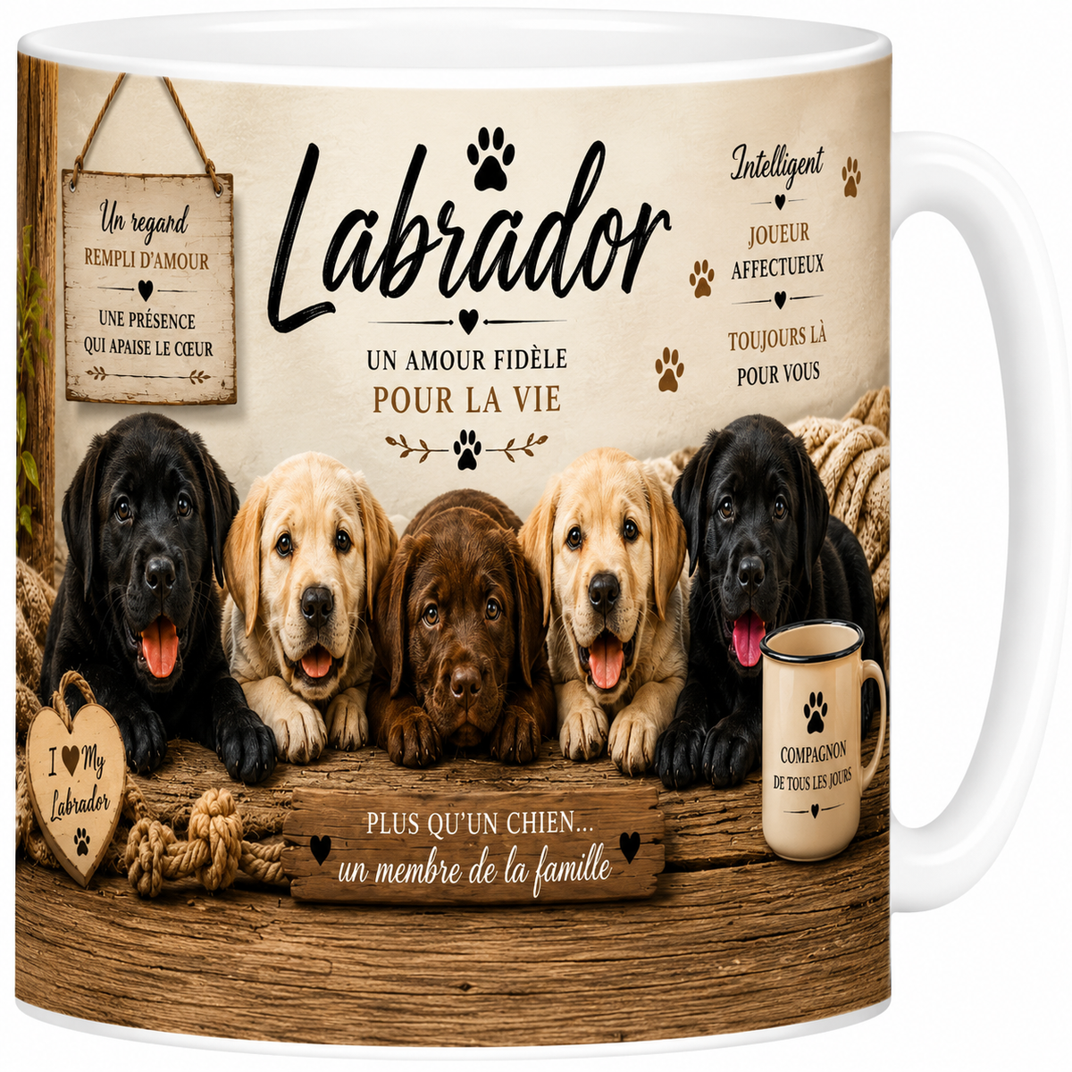 Mug céramique blanc, labrador en portrait aquarelle, au pelage sable, fidèle