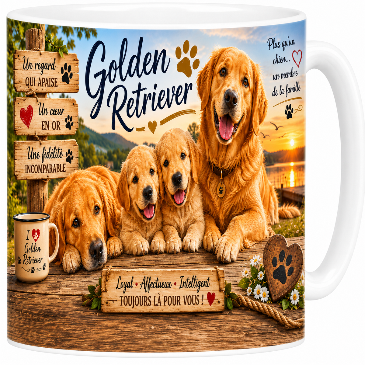 Mug céramique blanc, golden retriever en portrait aquarelle, blond et tout doux