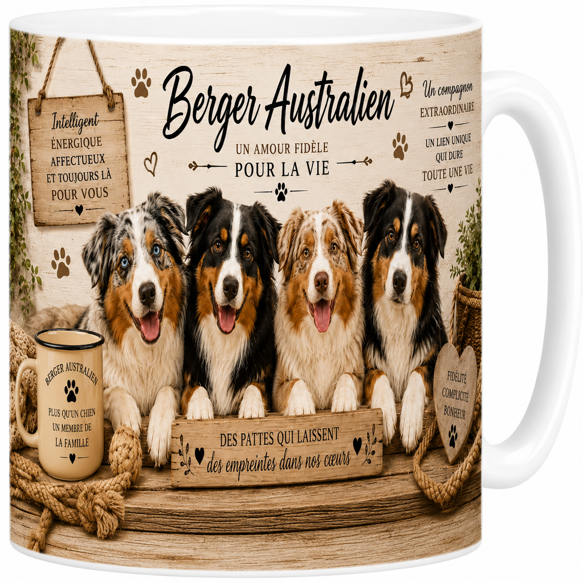 Mug céramique blanc, berger australien en portrait aquarelle, merle aux yeux bleus