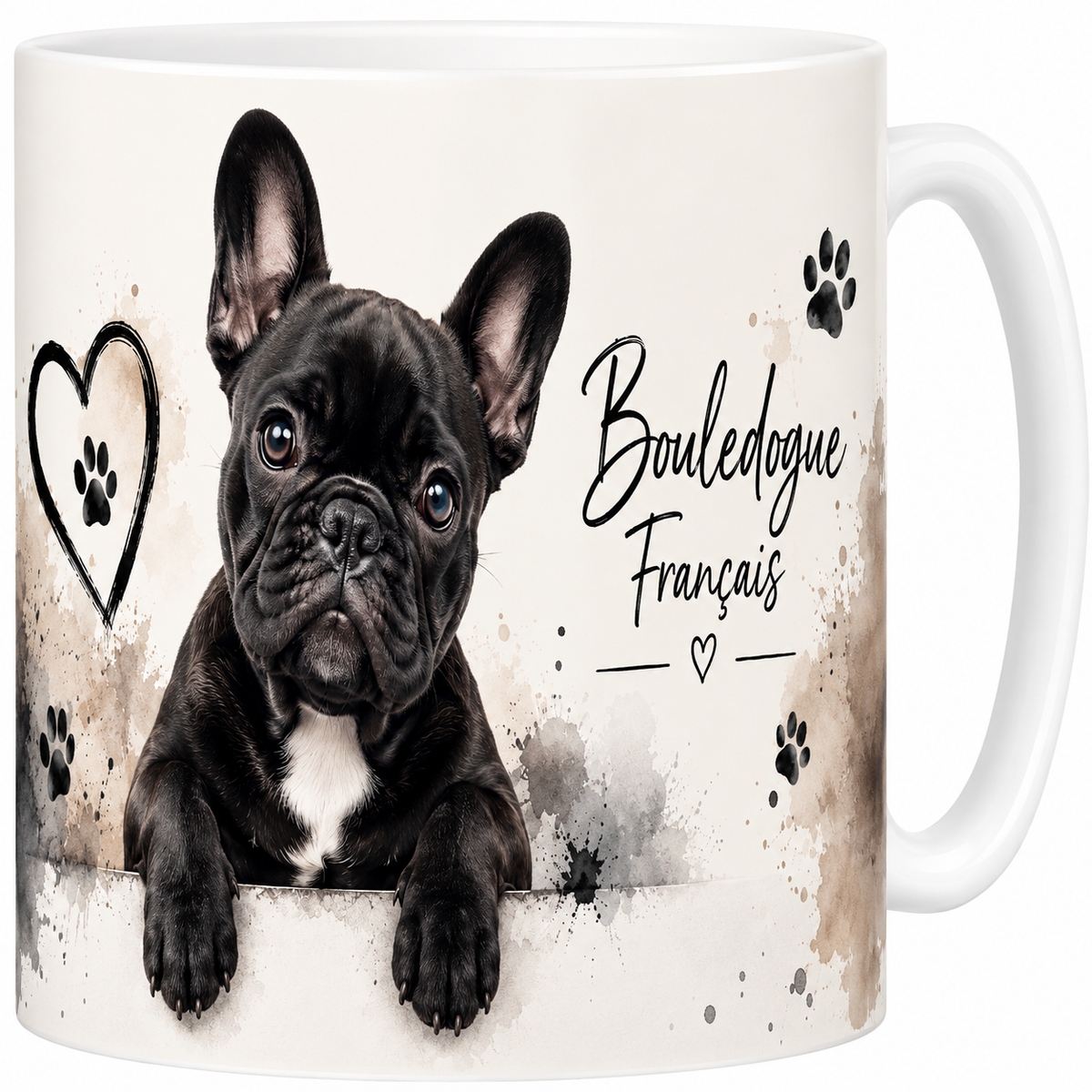 Mug céramique blanc, bouledogue français en portrait aquarelle, portrait attendrissant