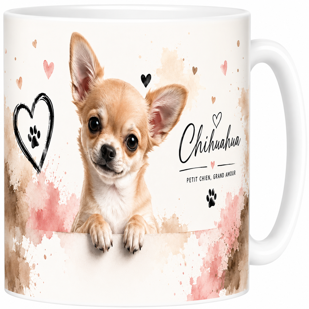 Mug céramique blanc, chihuahua en portrait aquarelle, petit chien au grand cœur
