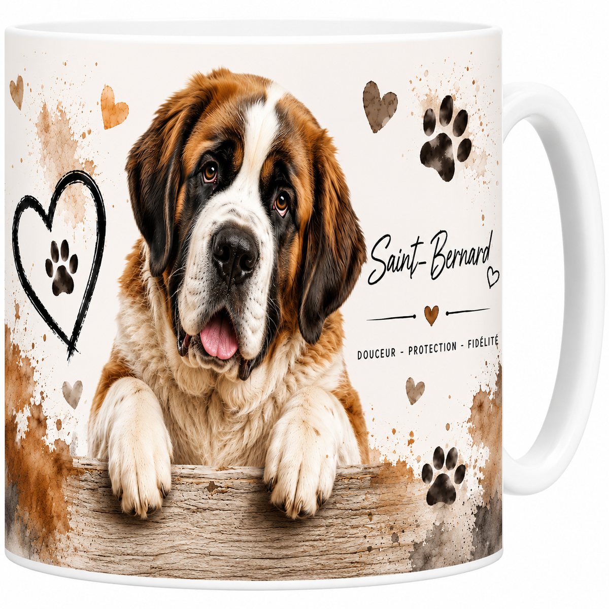Mug céramique blanc, saint-bernard en portrait aquarelle, chien de montagne, sauveur