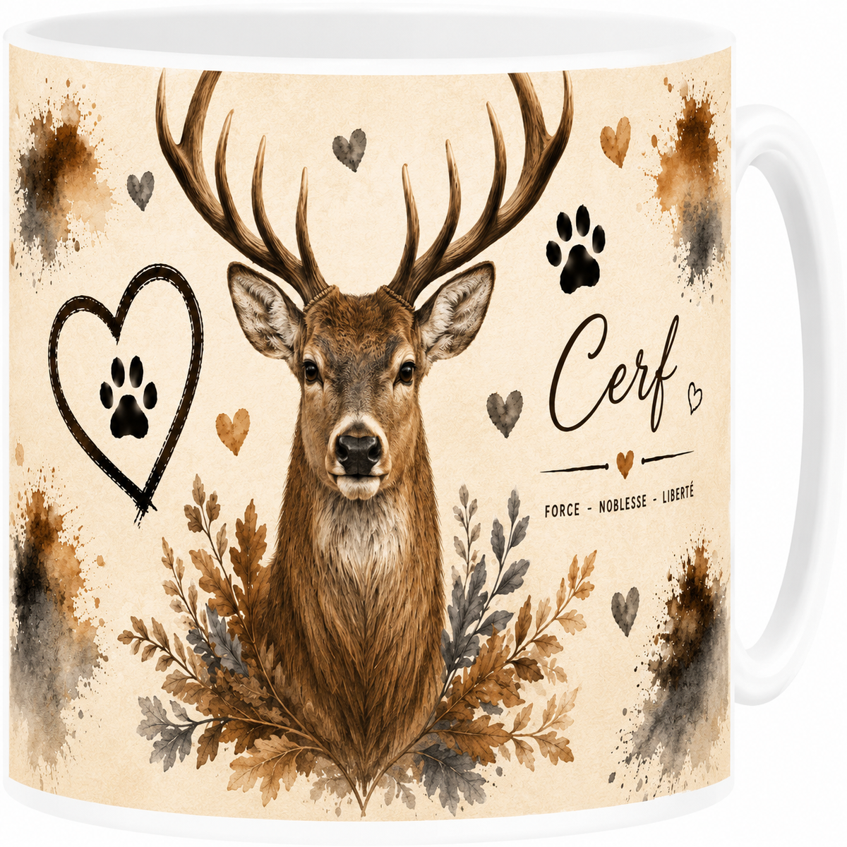 Mug céramique blanc, cerf en portrait aquarelle, force et noblesse