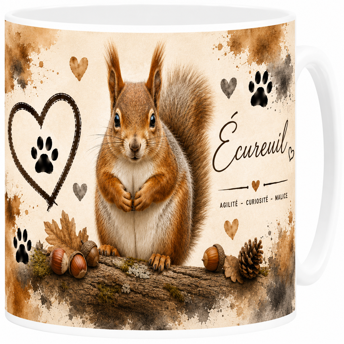 Mug céramique blanc, écureuil en portrait aquarelle, agilité et curiosité