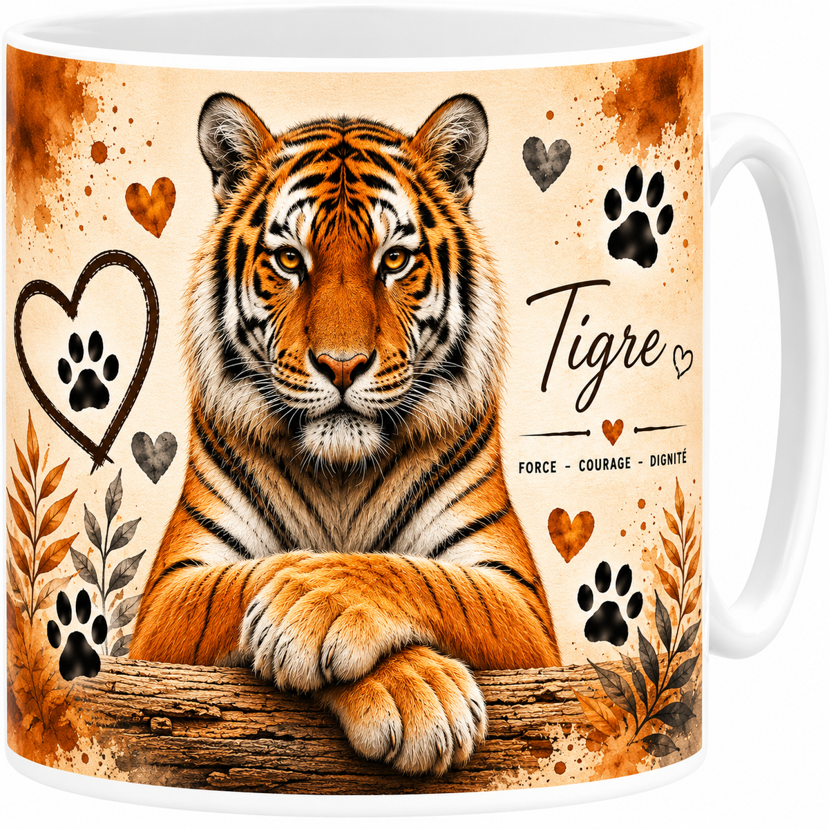 Mug céramique blanc, tigre en portrait aquarelle, force et dignité