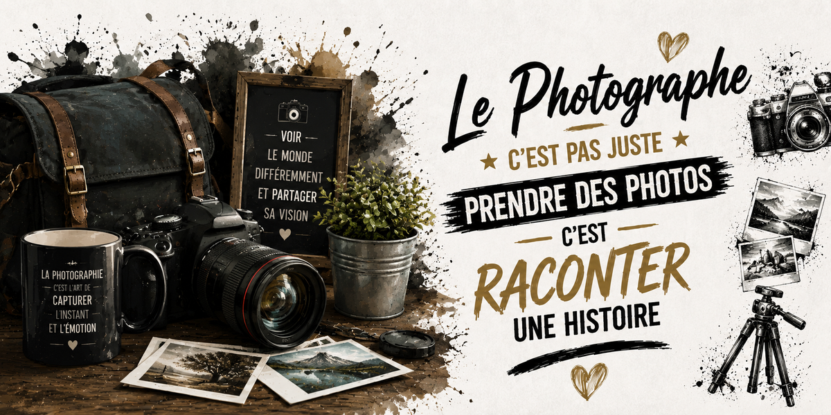 Design imprimé du mug Photographe, illustration d'un appareil photo, d'objectifs et de la passion de l'image