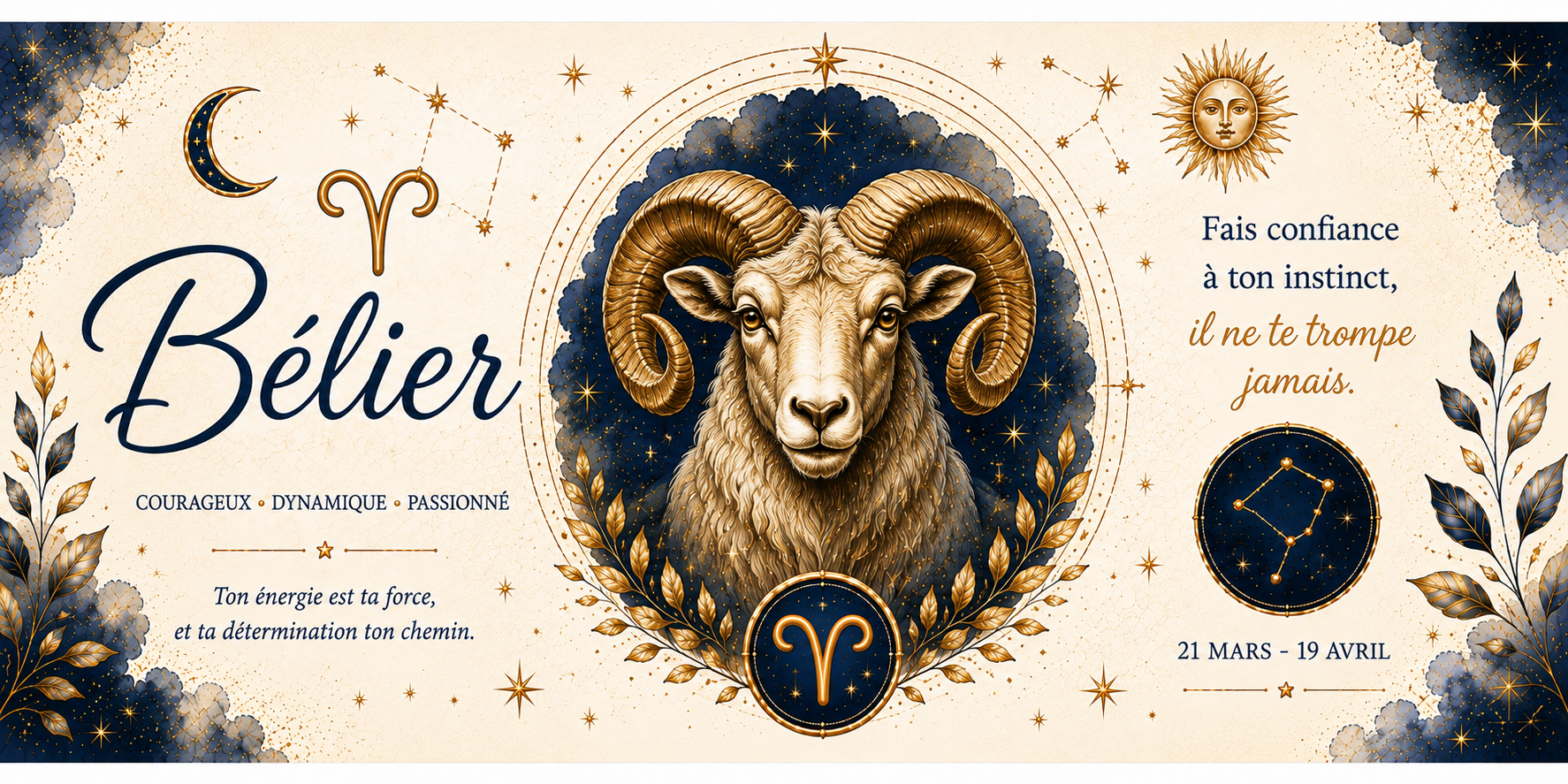 Design imprimé du mug Bélier, illustration aquarelle du signe de feu, symbole astrologique doré et constellation