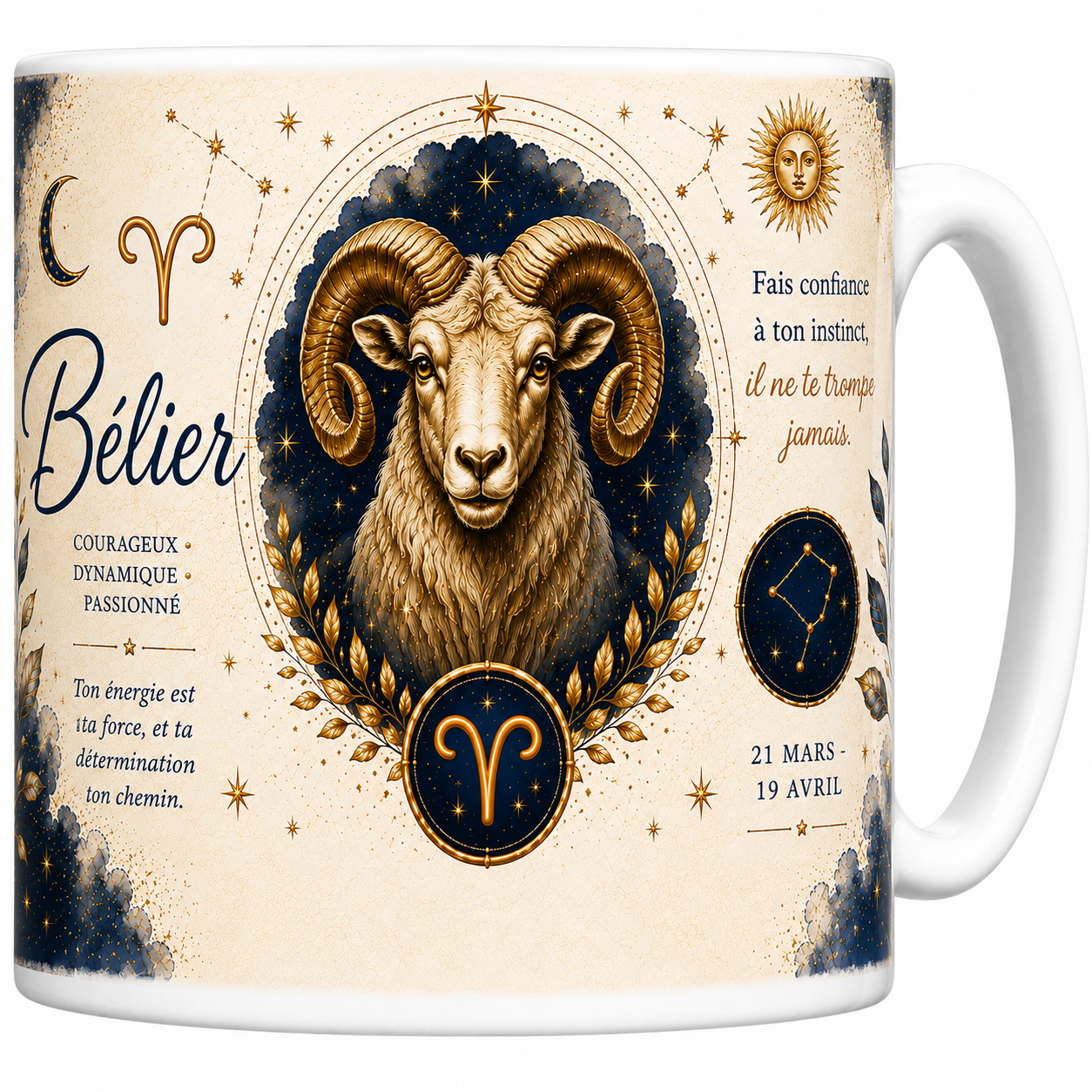 Mug céramique blanc, illustration aquarelle du signe du Bélier, bélier doré et constellation sur fond bleu nuit