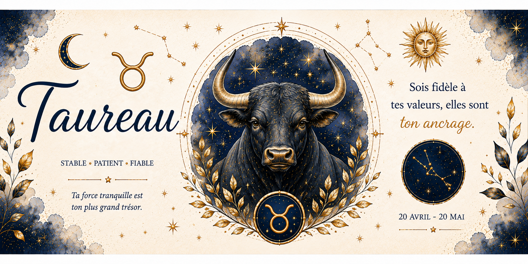 Design imprimé du mug Taureau, illustration aquarelle du signe de terre, symbole astrologique doré et constellation