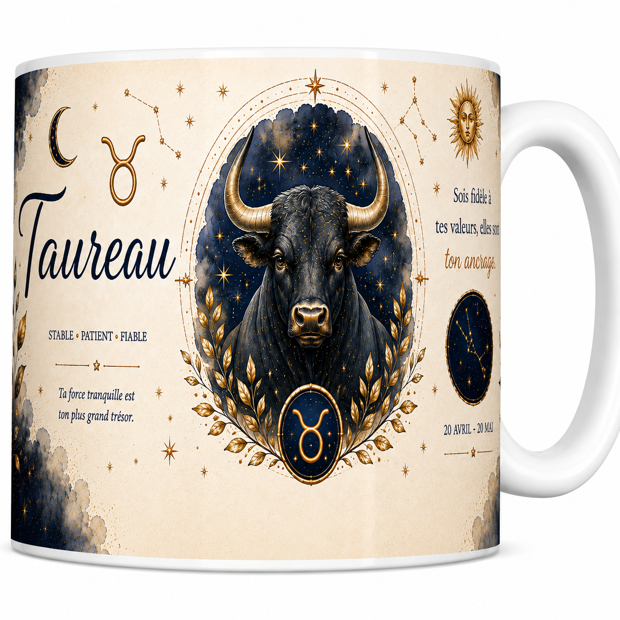 Mug céramique blanc, illustration aquarelle du signe du Taureau, taureau doré et constellation sur fond bleu nuit