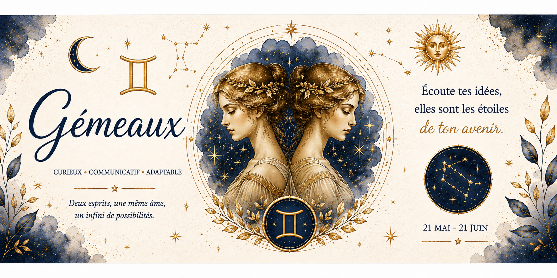 Design imprimé du mug Gémeaux, illustration aquarelle du signe d'air, symbole astrologique doré et constellation