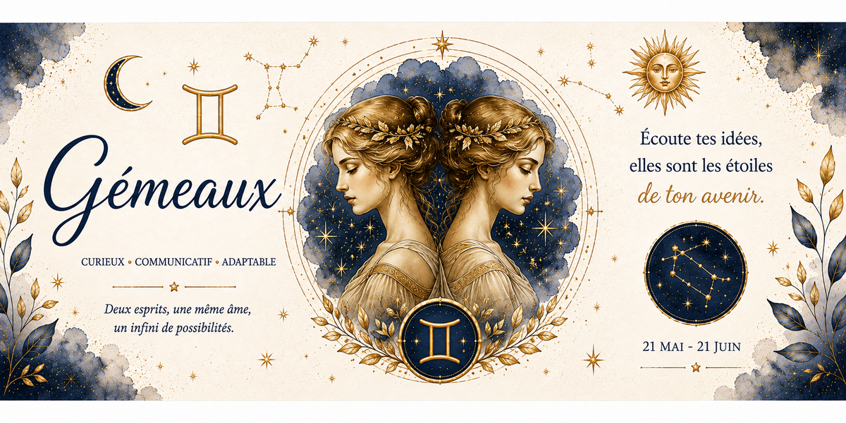 Design imprimé du mug Gémeaux, illustration aquarelle du signe d'air, symbole astrologique doré et constellation
