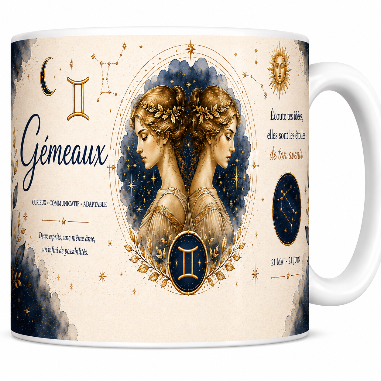 Mug céramique blanc, illustration aquarelle du signe des Gémeaux, symbole doré et constellation sur fond bleu nuit