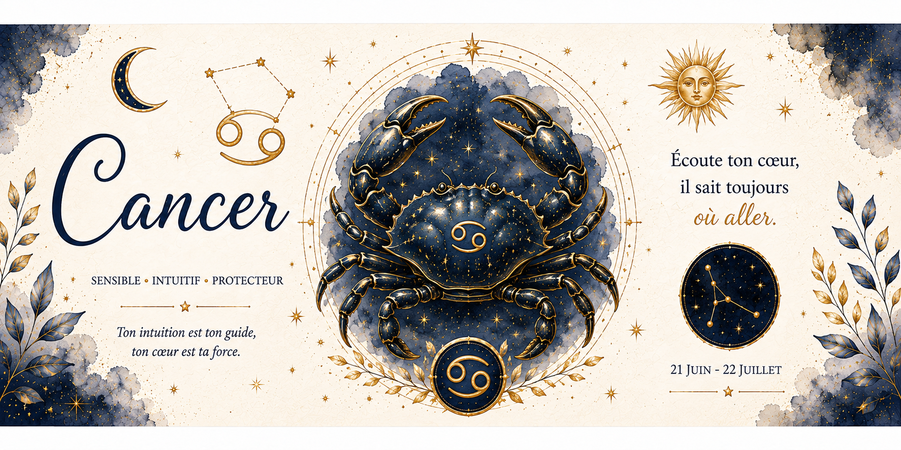 Design imprimé du mug Cancer, illustration aquarelle du signe d'eau, symbole astrologique doré et constellation