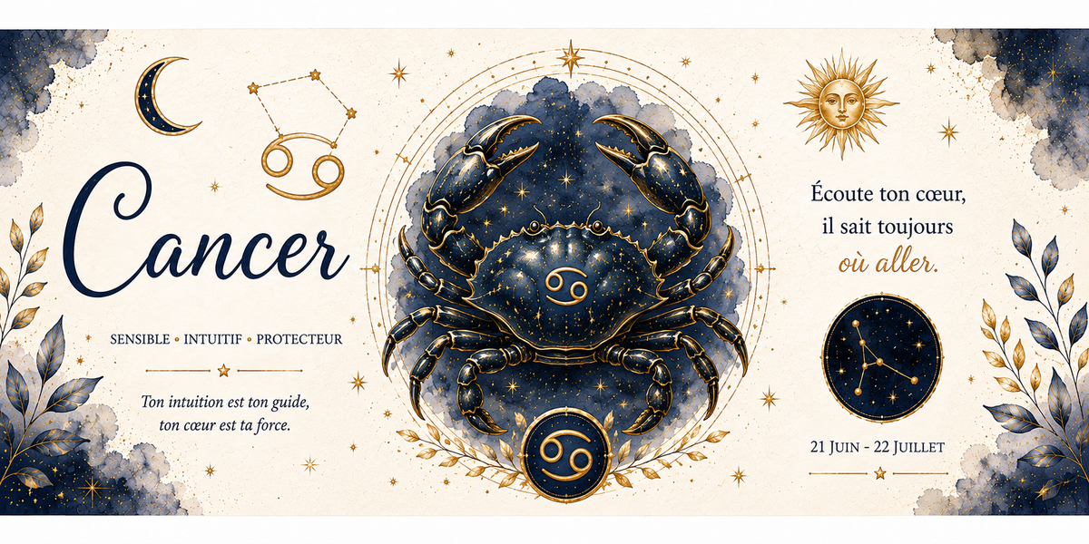 Design imprimé du mug Cancer, illustration aquarelle du signe d'eau, symbole astrologique doré et constellation